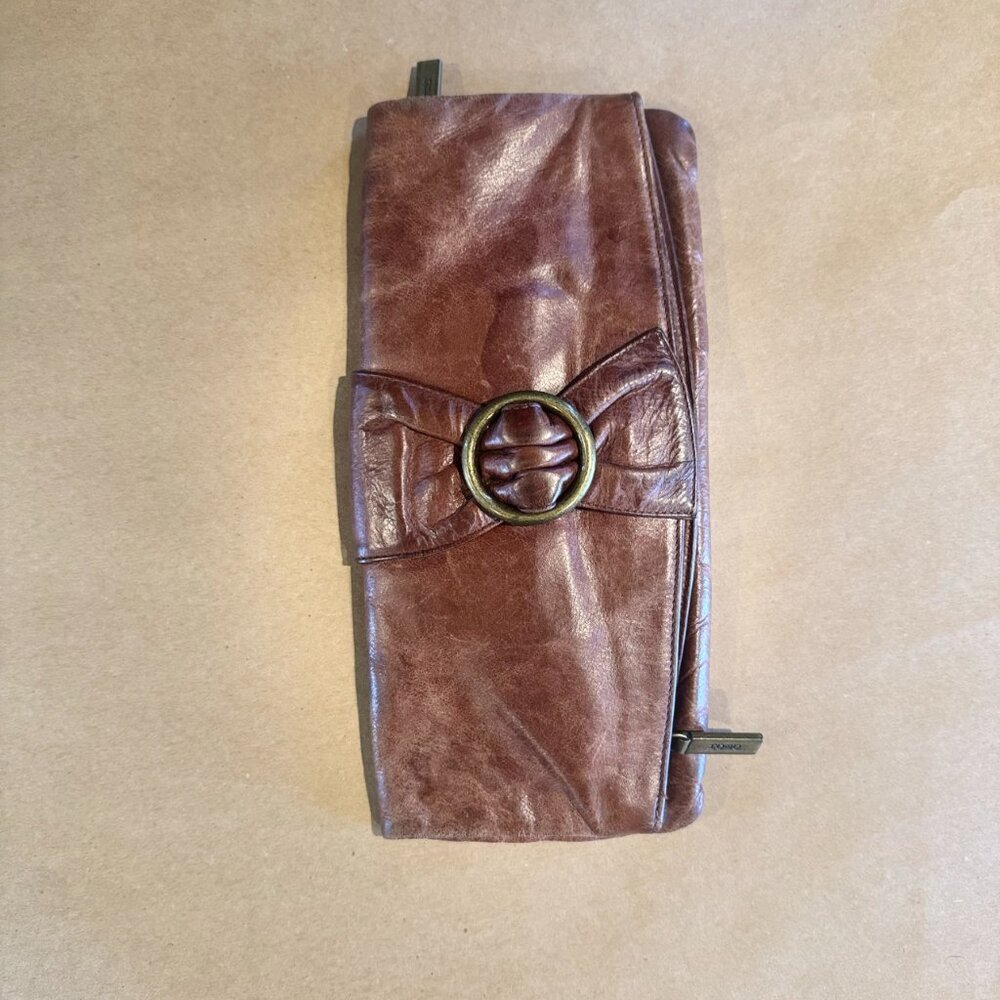 HOBO International Brown Leather Envelope Foldover Zip Clutch
